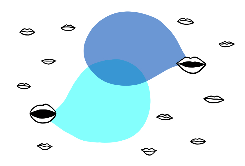 Many mouths talking, overlapping speech bubbles in two shades of blue.