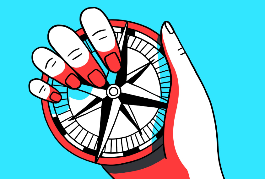 Illustration of hand holding compass.
